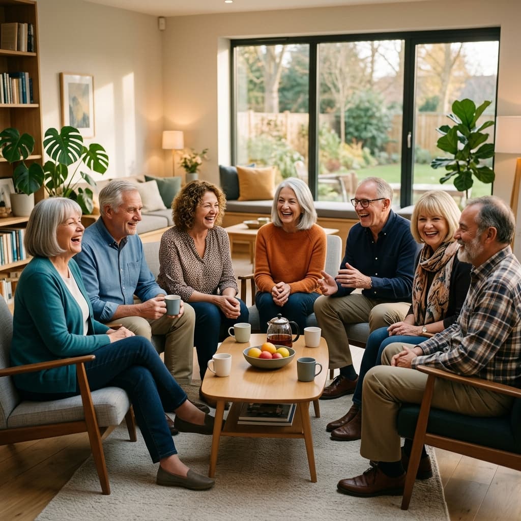 Group of smiling older adults in a support circle